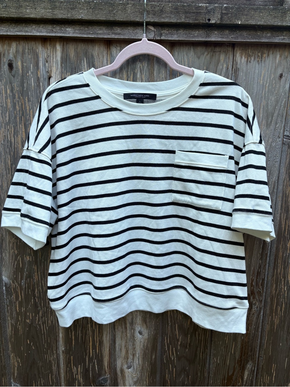 Marc New York Breton Stripe Drop Shoulder Knit Pocket Tee Cream Black Size L